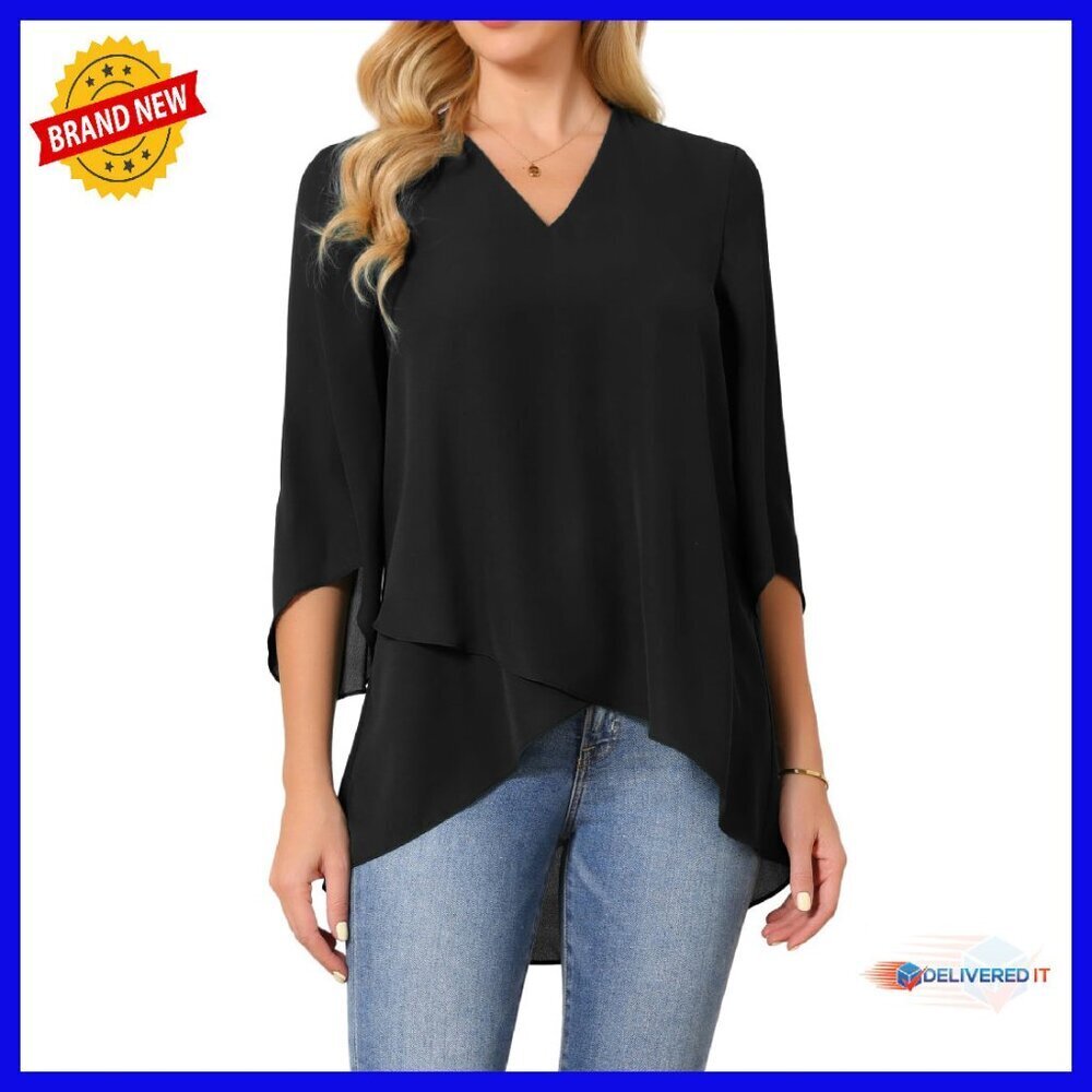 Chiffon High Low Tunic Blouse with Bell Sleeves V Neck Asymmetrical Hem